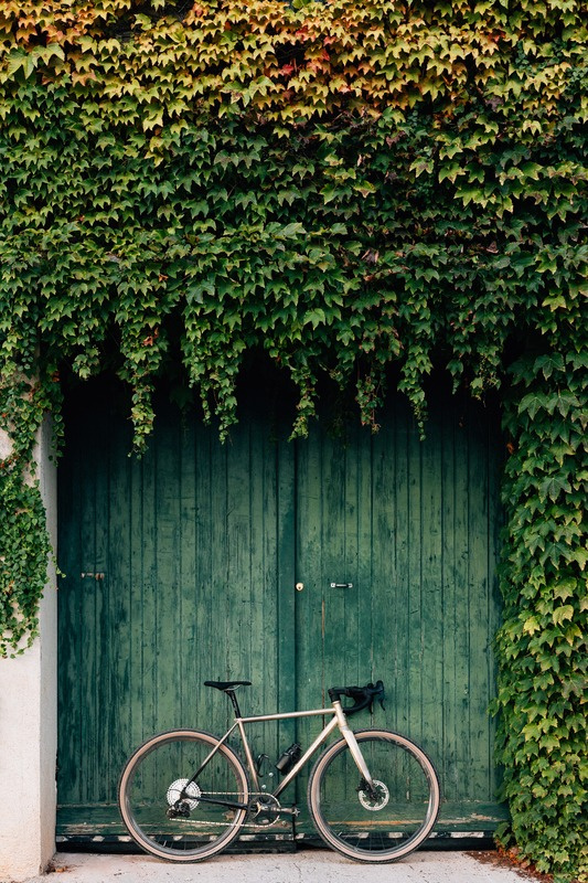 Tommasini gravel bike leaning against a green wooden portone framed by ivy