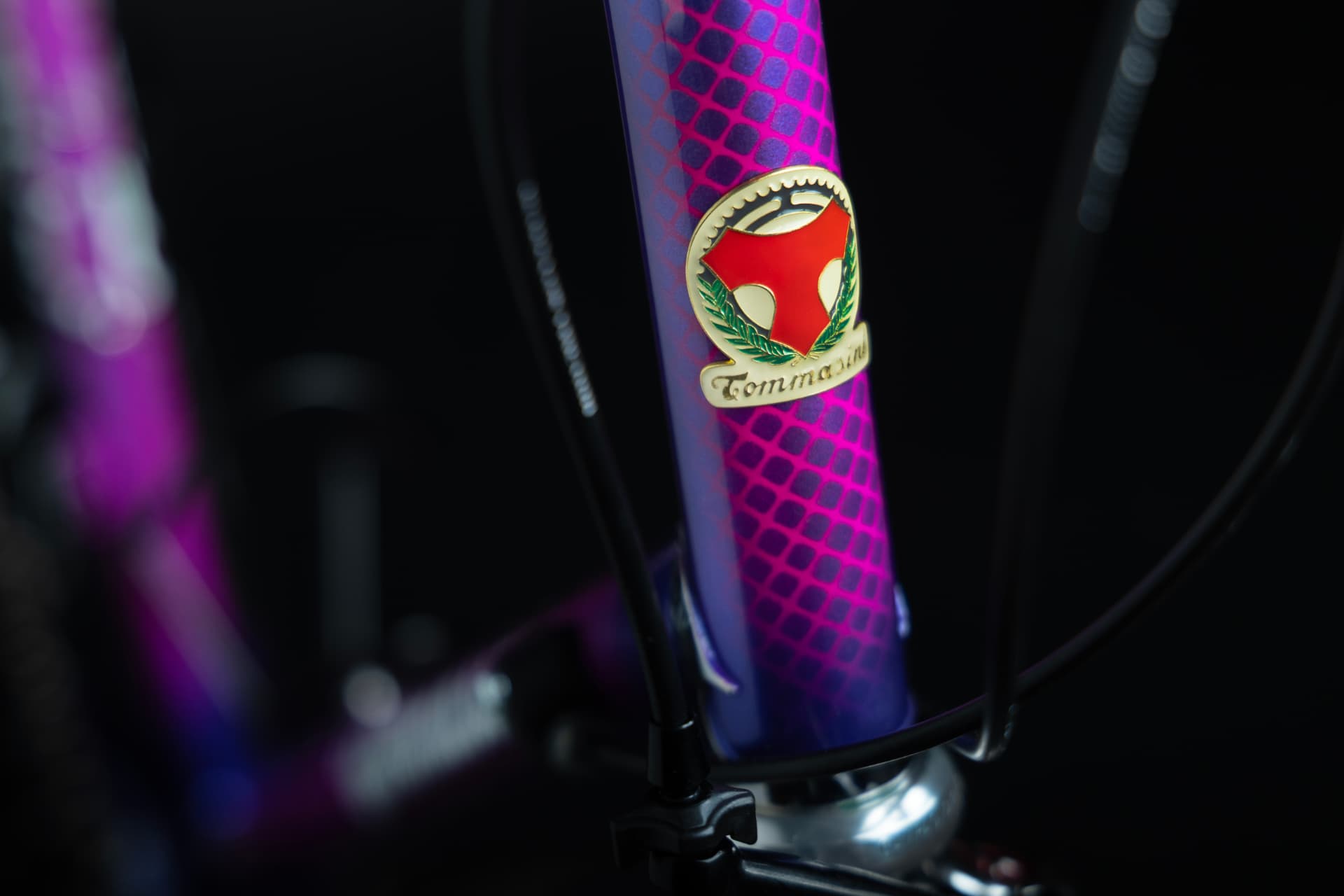 Close-up of the enamelled red and gold Tommasini head badge on the purple Tecno head tube