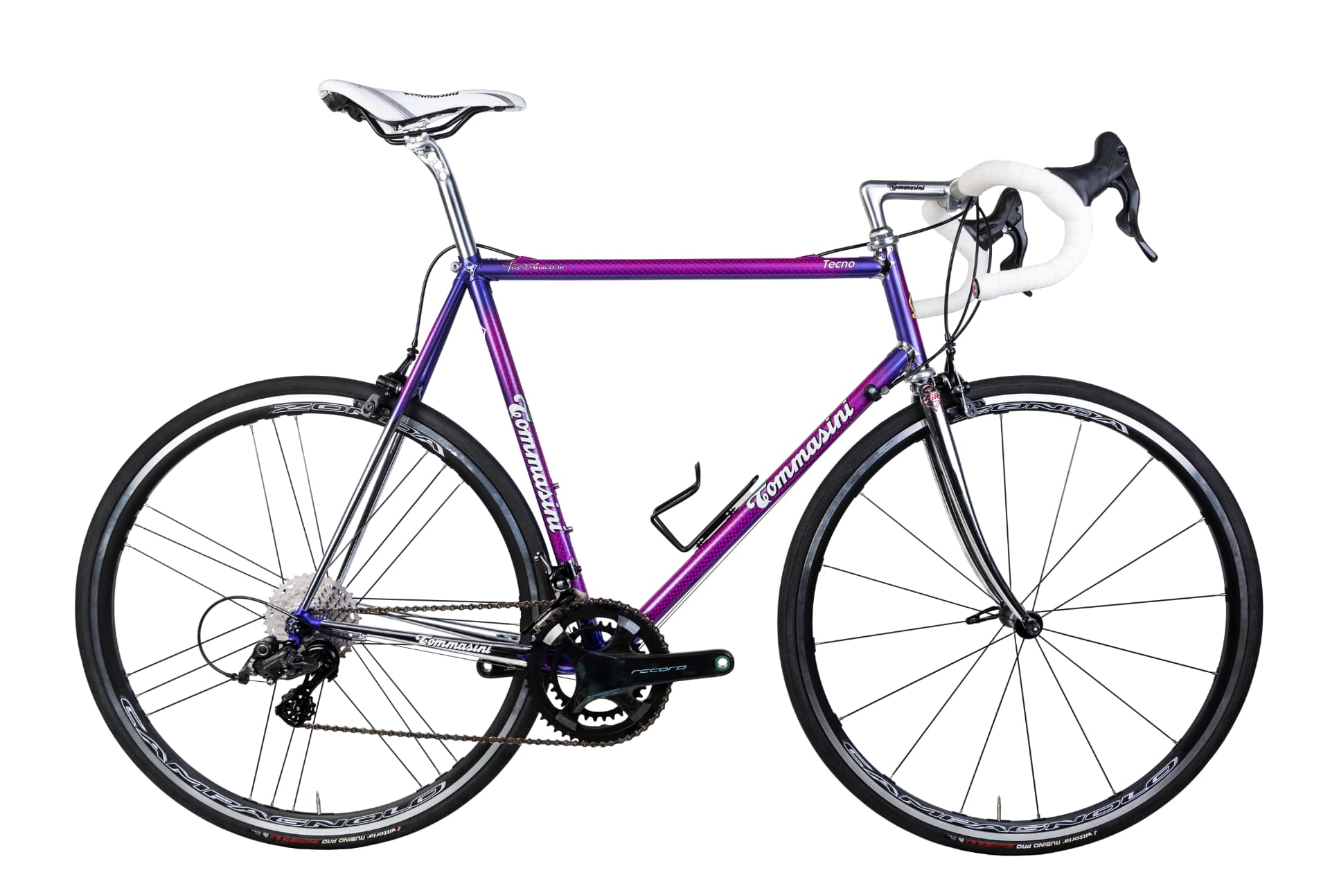 Full side view of the Tommasini Tecno road bike with purple frame on a black background