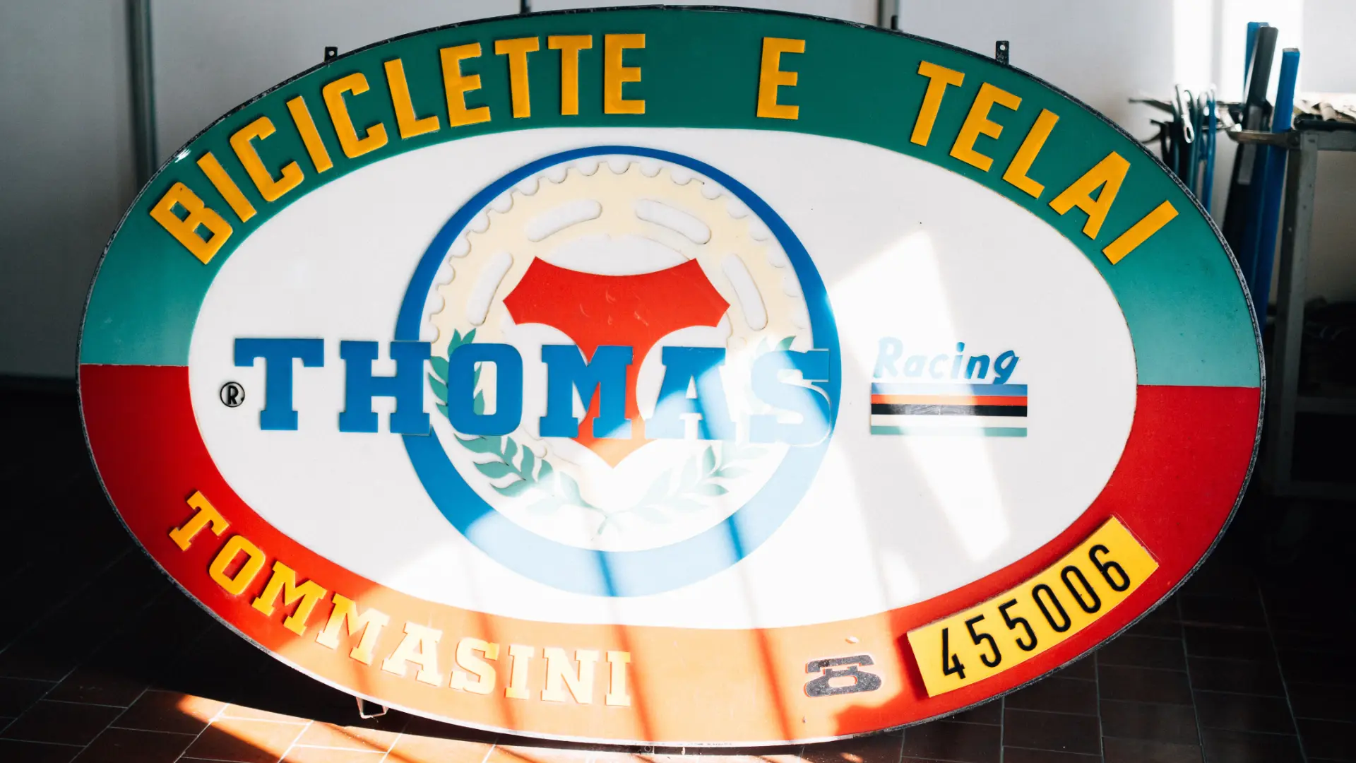 The vintage enamel Thomas Tommasini workshop sign