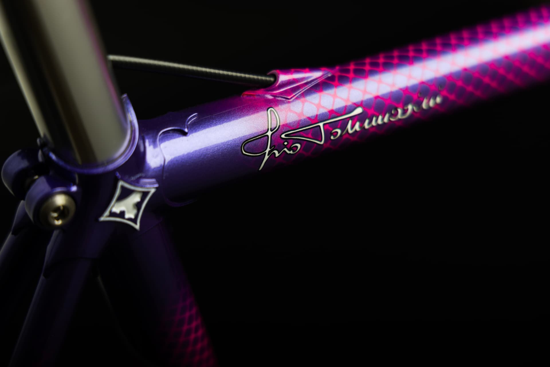 Close-up of the Tecno top tube with the Tommasini signature and small logo