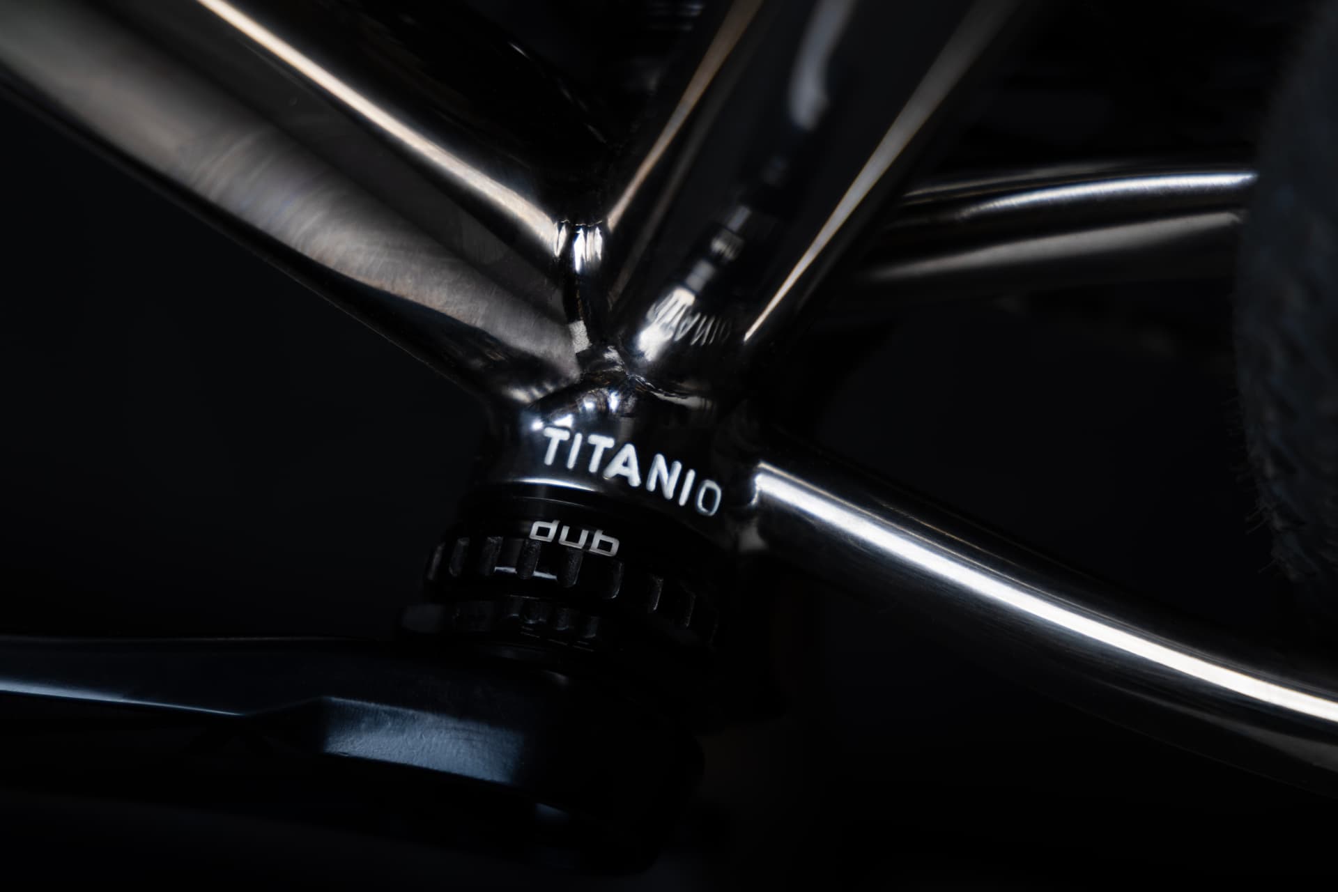 Close-up of the TITANIO engraving on the Mach Ti bottom bracket shell